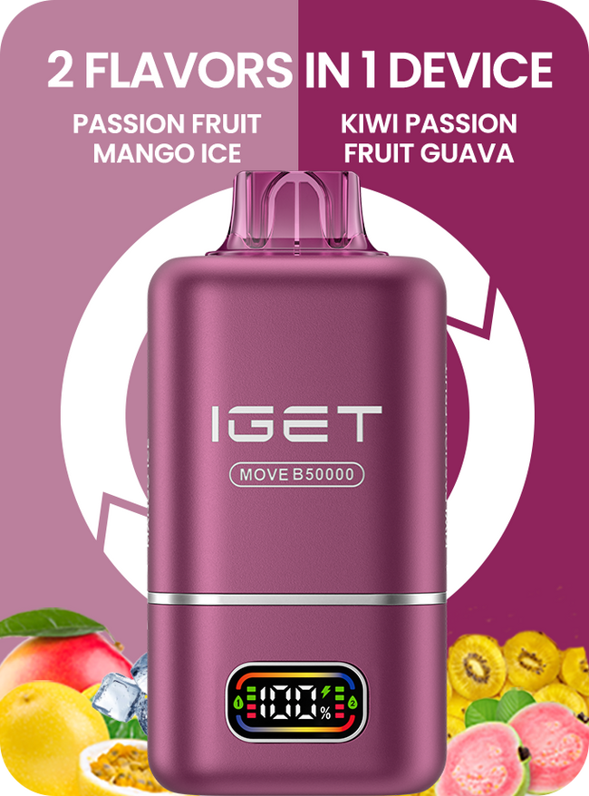 Magenta IGET two-flavor vape pod device with display window and raised top mouthpiece