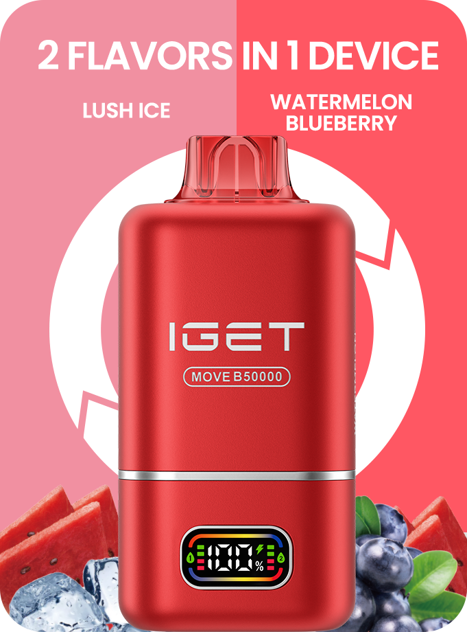 Red IGET two-flavor vape pod device with display window and raised top mouthpiece