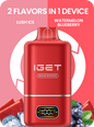 Red IGET two-flavor vape pod device with display window and raised top mouthpiece