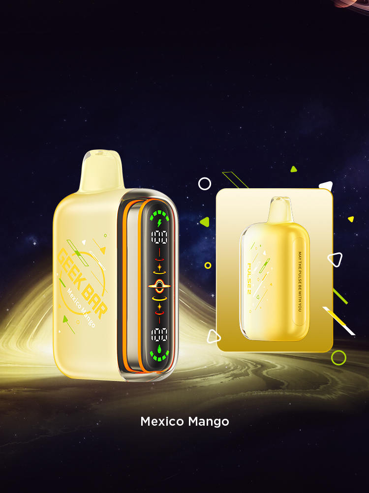 Geek Bar Pulse 2 vape device, bright yellow body with rainbow side stripe and LED screen