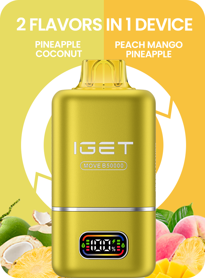 Gold IGET two-flavor vape pod device with display window and raised top mouthpiece