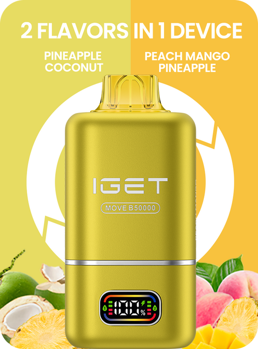Gold IGET two-flavor vape pod device with display window and raised top mouthpiece