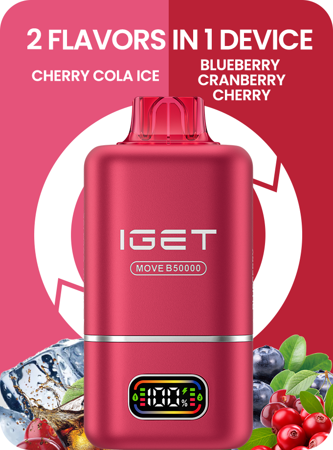 Pink IGET two-flavor vape pod device with display window and raised top mouthpiece