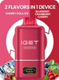 Pink IGET two-flavor vape pod device with display window and raised top mouthpiece